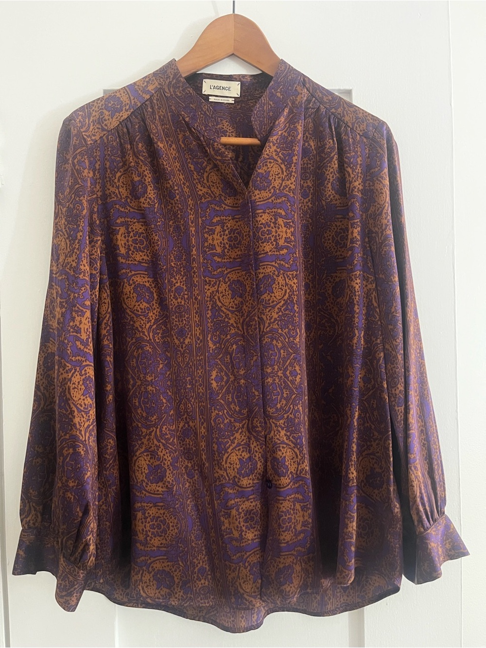 L'AGENCE Bianca Silk Satin Long Sleeve Blouse Size M